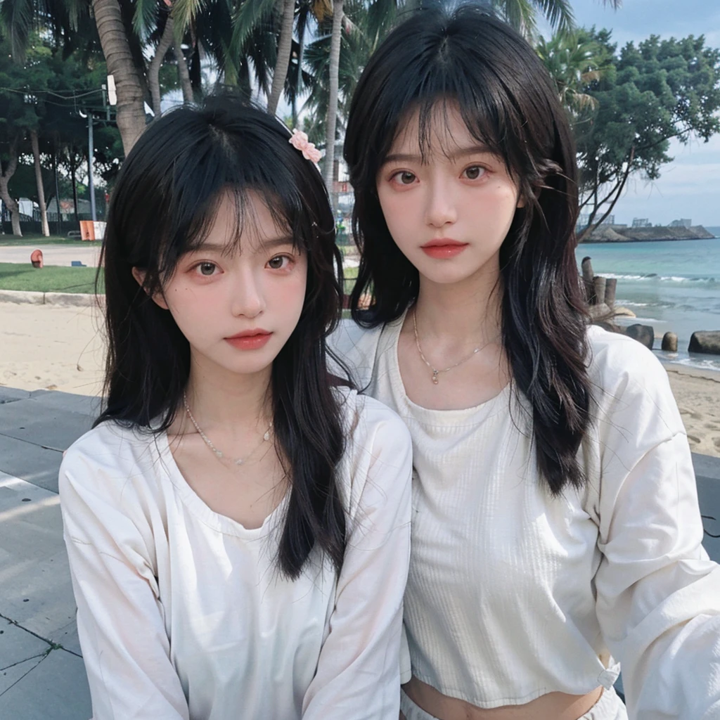 best quality，ultra high resolution，（lifelike：1.4），cute hairpins，2girll，long curly hair，JK，blush，slim beauty：1.4，Visible abdominal muscles，at the beach，ultra fine face，exquisite eyes，double eyelid，necklace