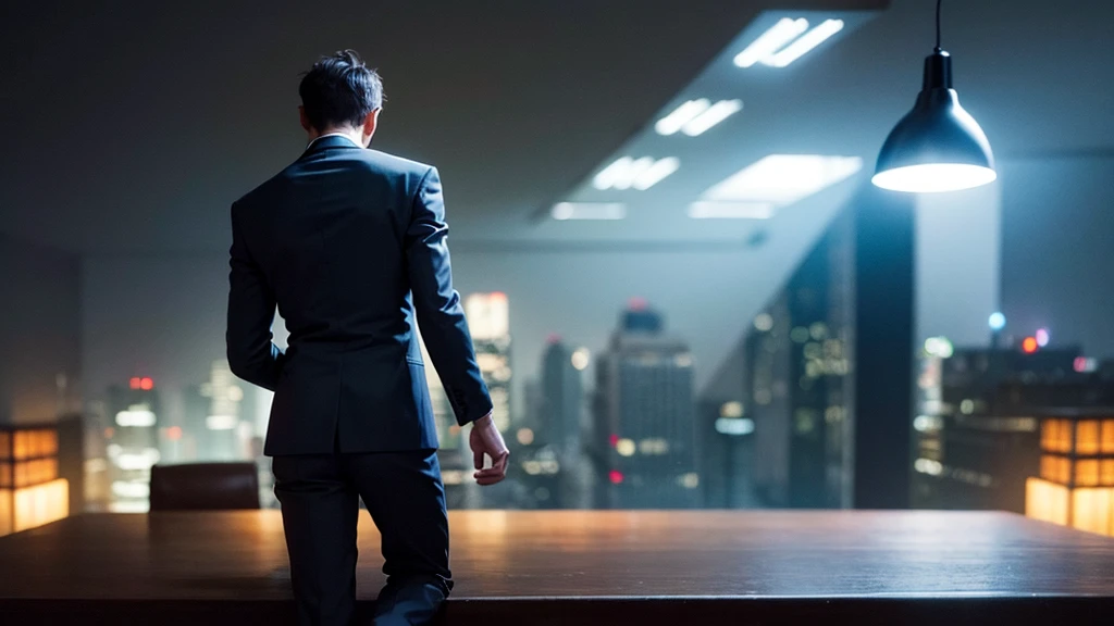 bad businessman on table, back light, criminal, cinematic