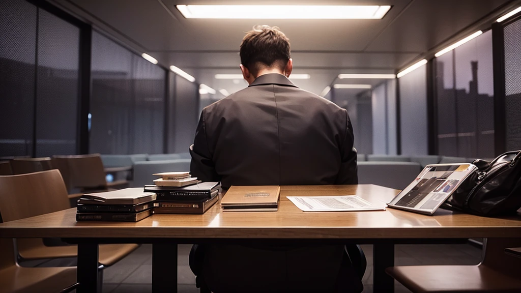 bad businessman on table, back light, criminal, cinematic