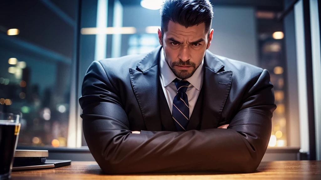 bad businessman on table, back light, criminal, cinematic