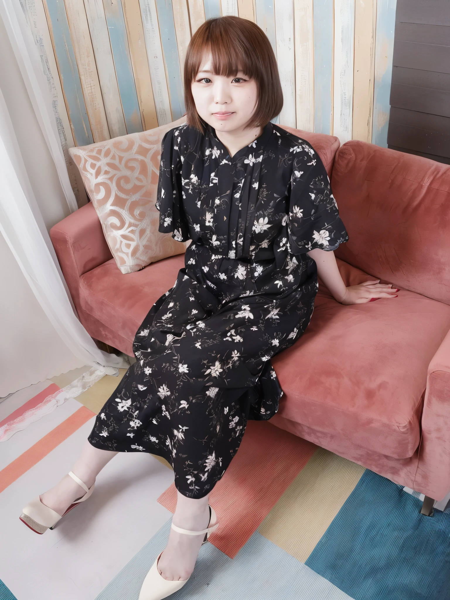smile,there is a woman sitting on a couch in a room, in kimono, Yoshitomo Nara, taken with canon eos 5 d, taken with canon 8 0 d, yukata clothing, taken with canon eos 5 d mark iv, classy yukata clothing, full portrait, full length view, Chiho, full body photograph, full length portrait