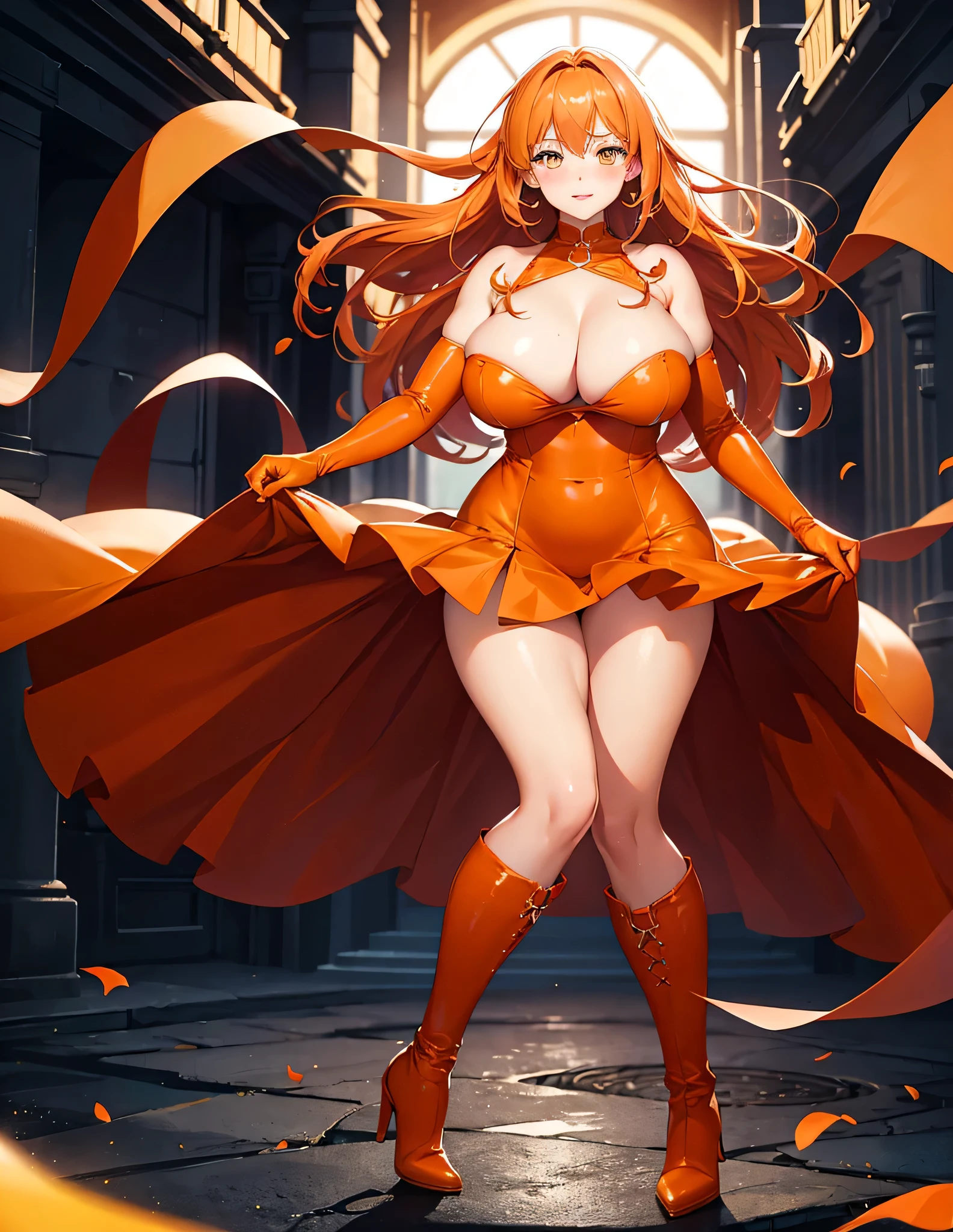 Full body, beautiful orange eyes, blush, cute face, (1 cute woman, solo: 1.1), lips, gigantic breasts, beautiful background, orange hair, orange dress, orange elbow gloves, orange high heel boots, naked shoulders