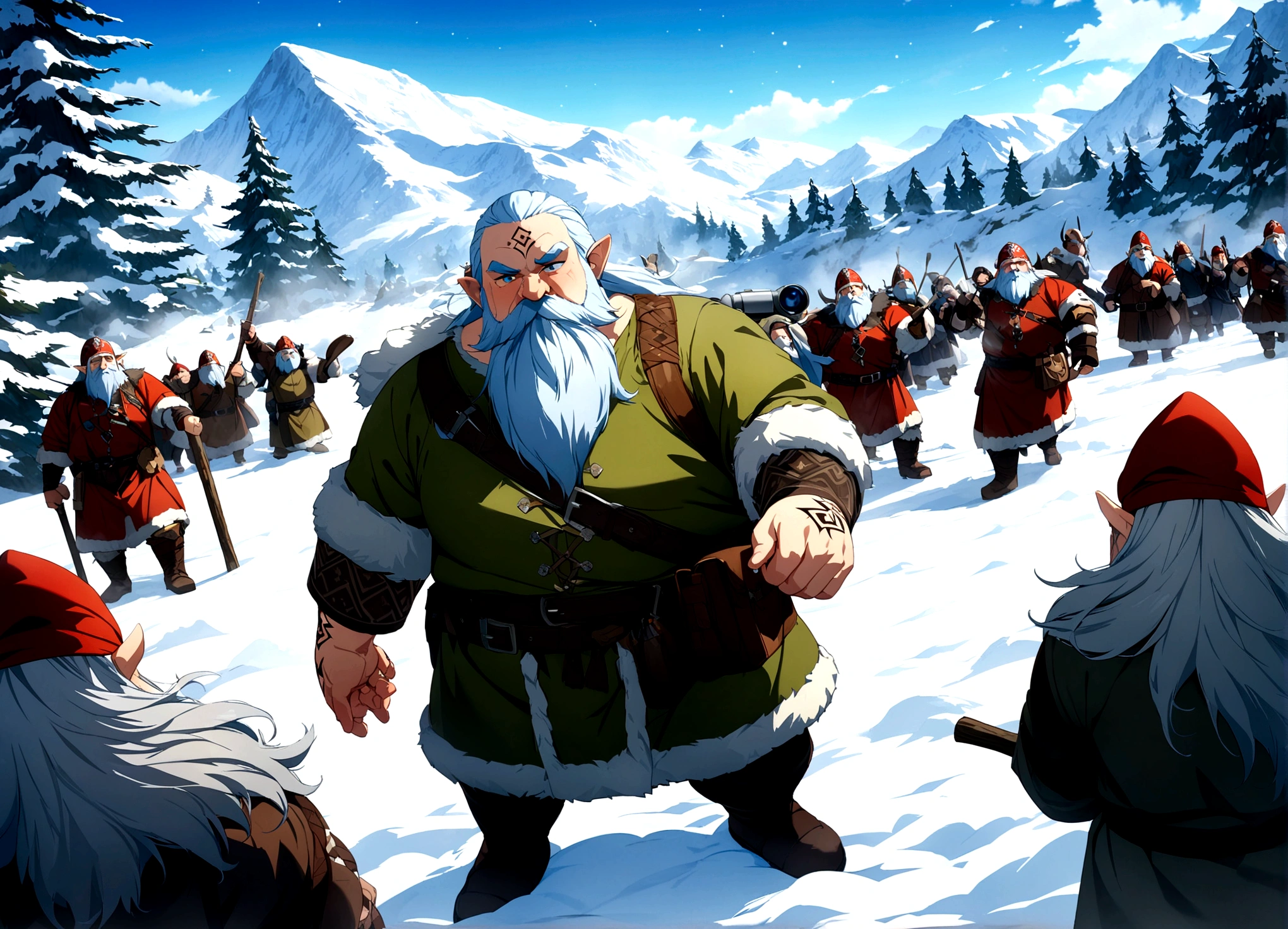 Highest quality, Very high resolution, Detailed 4K CG, masterpiece, Dwarf, 大勢のDwarf, Dwarf vikings,Norwegian, Dwarf man, Rune tattoos, snow, Tall tree々, blue sky, Norwegian mythology, Rune tattoo, Beautiful aesthetics, Beautiful images , Centralized Camera,army
