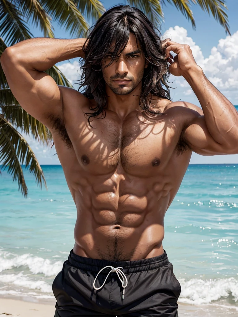 (best quality), 1boy, mature man, tanned skin, black hair, (bangs over eyes), long hair, wavy hair, messy hair, brown eyes, perfect eyes, stubble, swim trunks, beach, fully clothed, serious expresssion, strong jawline, muscular, broad, masculine, stoic, masterpiece, anatomically correct, highres