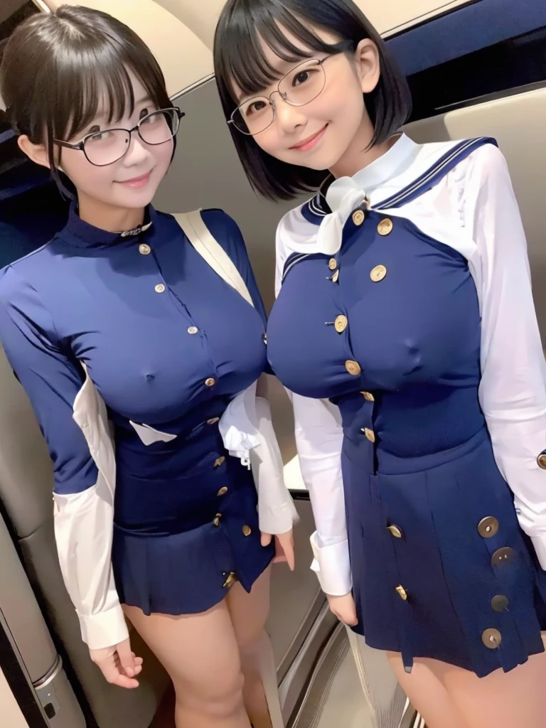 Highest quality、masterpiece、、Very detailed、Realistic、(Two Girls)、(Looking at me with a mischievous smile)、whole body、Small face、Narrow shoulders、(Big Breasts:1.2)、Thin and beautiful legs、Tight and slim waist、(Cabin attendant uniform with buttons and collar:1.2)、(Tight mini skirt:1.1)、Short Hair、(Erect nipples:1.1)、Glasses