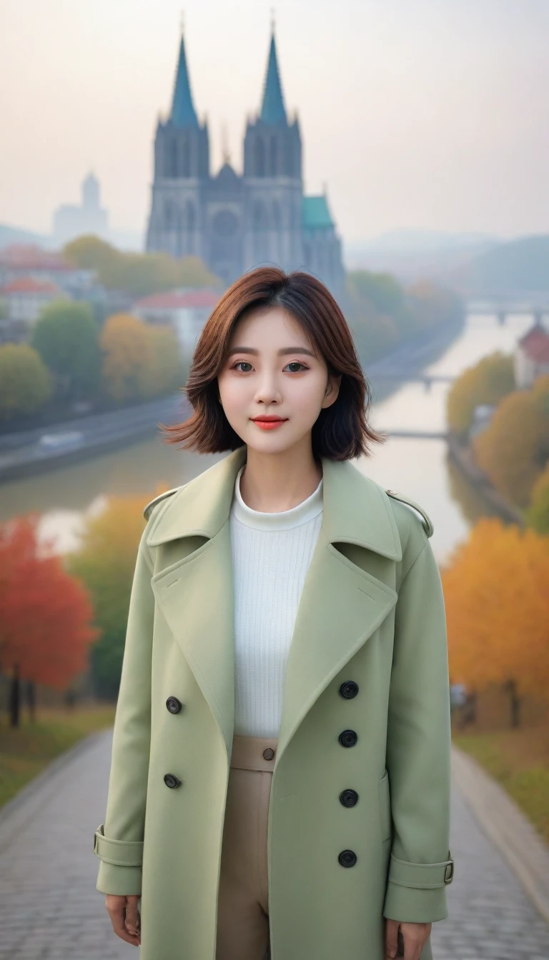 k Best picture quality, Beautiful 36-year-old Korean woman, You have good skin and big and pretty eyes... Chest size 34 inches, Traveling in Europe in the fall season, The autumn leaves are just starting to turn soft.. The cathedral can be seen in the distance in thick fog., The back background is realistic and vivid quality., Short and medium hair blowing in the wind. He wore a very light green trench coat over his neck collar.. Wearing beige casual pants, I'm smiling. Short and slim Korean woman, Full body photo taken with Canon Mark 5 camera 16-35 wide angle lens, One woman with big and pretty eyes, eyes are round and big. standing on a hill overlooking the river