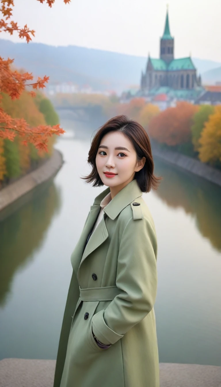k Best picture quality, Beautiful 36-year-old Korean woman, You have good skin and big and pretty eyes... Chest size 34 inches, Traveling in Europe in the fall season, The autumn leaves are just starting to turn soft.. The cathedral can be seen in the distance in thick fog., The back background is realistic and vivid quality., Short and medium hair blowing in the wind. He wore a very light green trench coat over his neck collar.. Wearing beige casual pants, I'm smiling. Short and slim Korean woman, Full body photo taken with Canon Mark 5 camera 16-35 wide angle lens, One woman with big and pretty eyes, eyes are round and big. standing on a hill overlooking the river