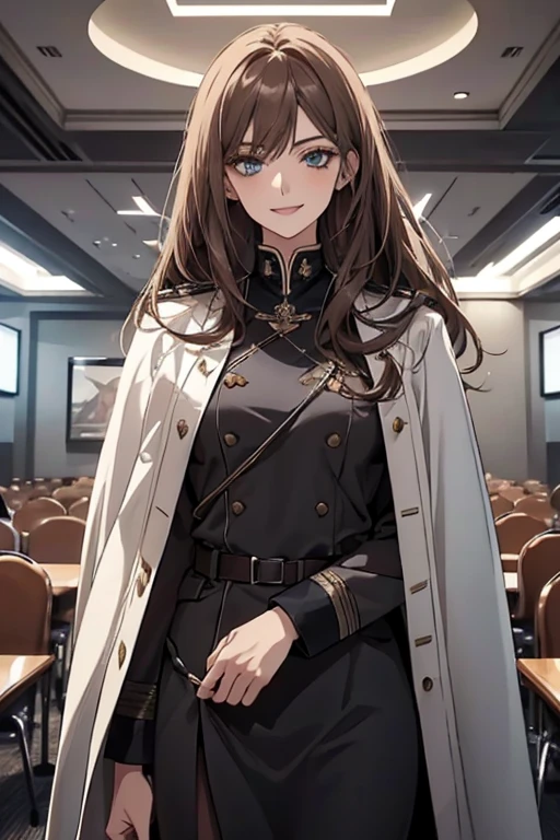 (Highest quality,High resolution,Very detailed),1 Girl, Beautiful and elegant light blue eyes, Brown Hair, Cold Smile,Straight long hair tied back, Wearing black military uniform, Mature Woman, Age 25,Cruel smile, Calm and Calm, Slim figure, Pale complexion, thin, Calm,conference room,Half Cloak