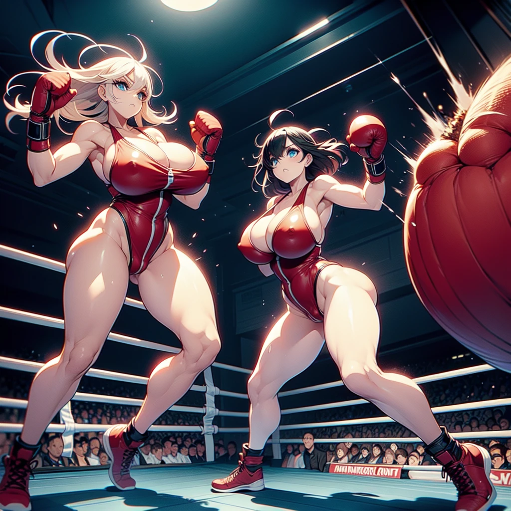 NSFW , Versus Huge Monster- growing from the floor , Fullbody shot , Female boxing, Wear Monokini , So huge breas