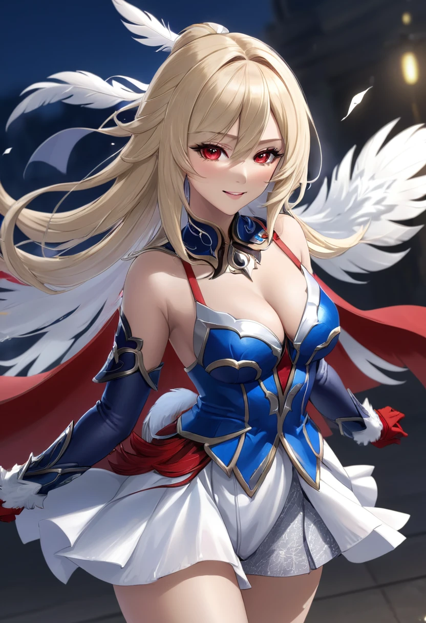 masterpiece、Highest quality、Ultra-high resolution、Maximum resolution、Very detailed、Professional Lighting、anime、Adult female、thin、so beautiful、Beautiful Eyes、close your eyes、Beautiful Face、long blond、Feather hair ornament、Blue breastplate、White mini skirt、Red panties、Red high heel boots、White long gloves、Red Cape、Dynamic fighting pose、smile