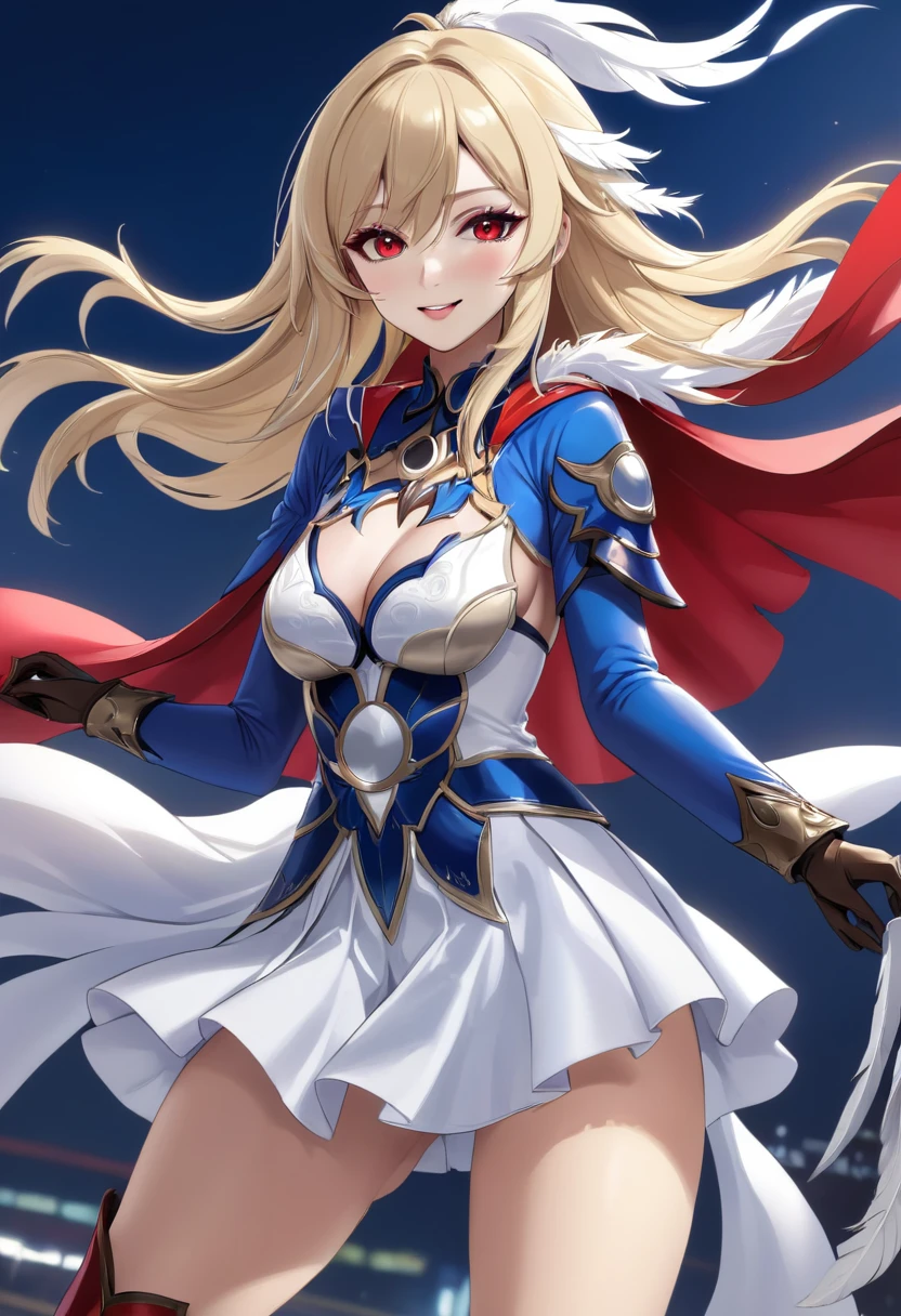 masterpiece、Highest quality、Ultra-high resolution、Maximum resolution、Very detailed、Professional Lighting、anime、Adult female、thin、so beautiful、Beautiful Eyes、close your eyes、Beautiful Face、long blond、Feather hair ornament、Blue breastplate、White mini skirt、Red panties、Red high heel boots、White long gloves、Red Cape、Dynamic fighting pose、smile