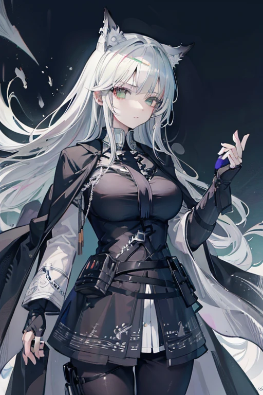 1 woman, black robe, green eyes, white hair,anime, realistic,Black head covering,ultra detail