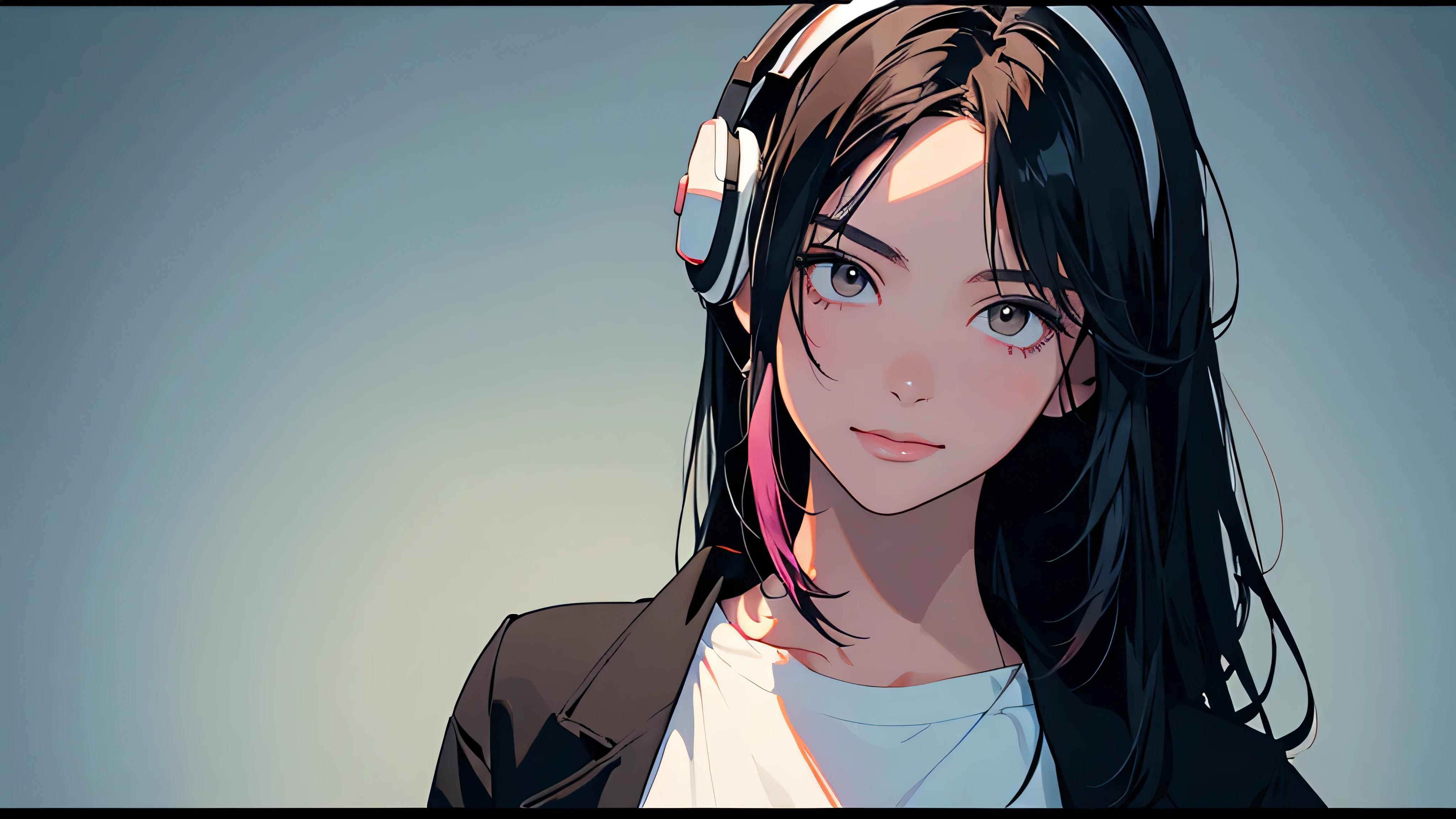 lofi, Battle DJ girl in HIPHOP fashion wearing DJ headphones, High resolution,Super detailed,Realistic,Portraiture,White women,18-year-old,Black Hair, bangs,Hazel Iris,Toned Up,Physically slim,Realistic proportions,Anatomically correct,university student,smile, Pink Cheeks; Intimate distance,Dark soft lighting,hiphop girl,Neon Hair,Textured Trim, (masterpiece,Highest quality),