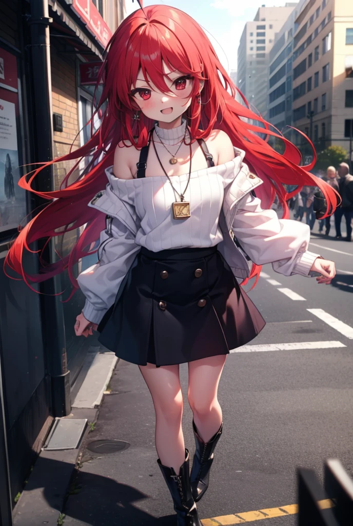 Shana,灼眼のShana,Long Hair, Redhead, Red eyes,Ahoge,happy smile, smile, Open your mouth,Oversized off-the-shoulder sweater,Bare shoulders,bare clavicle,Bear neck,Locket Necklace,Black long skirt,short boots,Daytime,sunny,walking,whole bodyがイラストに入るように, break outdoors, construction area, break looking at viewer, whole body, break (masterpiece:1.2), Highest quality, High resolution, unity 8k wallpaper, (shape:0.8), (Beautiful attention to detail:1.6), Highly detailed face, Perfect lighting, Extremely detailed CG, (Perfect hands, Perfect Anatomy),