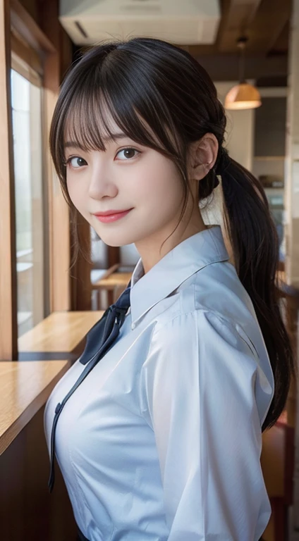 (Highest quality,masterpiece:1.3,Ultra-high resolution,),(Very detailedな,Caustics),(Photorealistic:1.4,RAW shooting,)Ultra-Realistic Capture,Very detailed,High resolution 16K human skin closeup。 Natural skin texture、,Pores、、、It must be detailed enough to be easily identifiable。 Skin tone is even and healthy looking。 Use natural light and color,restaurant,Waitress uniform,1 Girl,Japanese,18-year-old,cute,Black-haired,ponytail,Big Breasts,smile,Turn your body forward,(Front view:1.1),Looking at the camera,Cowboy Shot,