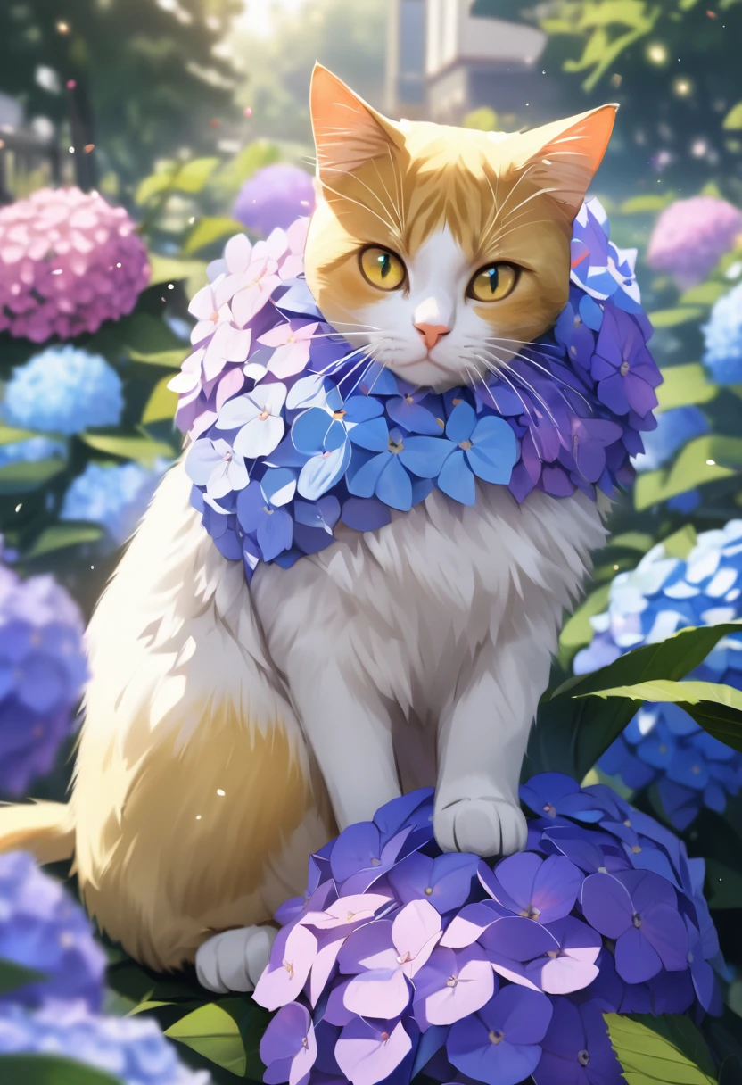 hydrangea park, totally white kitten, yellow cat eyes,Blur background,glitter effect,of the highest quality, 4k, 8k, high resolution, Masterpiece:1.2, Very detailed, realist:1.37, high resolution, 超high resolution, ultrafine paint, sharp focus, Physically based representation, Very detailedな説明, professional, vibrant colors