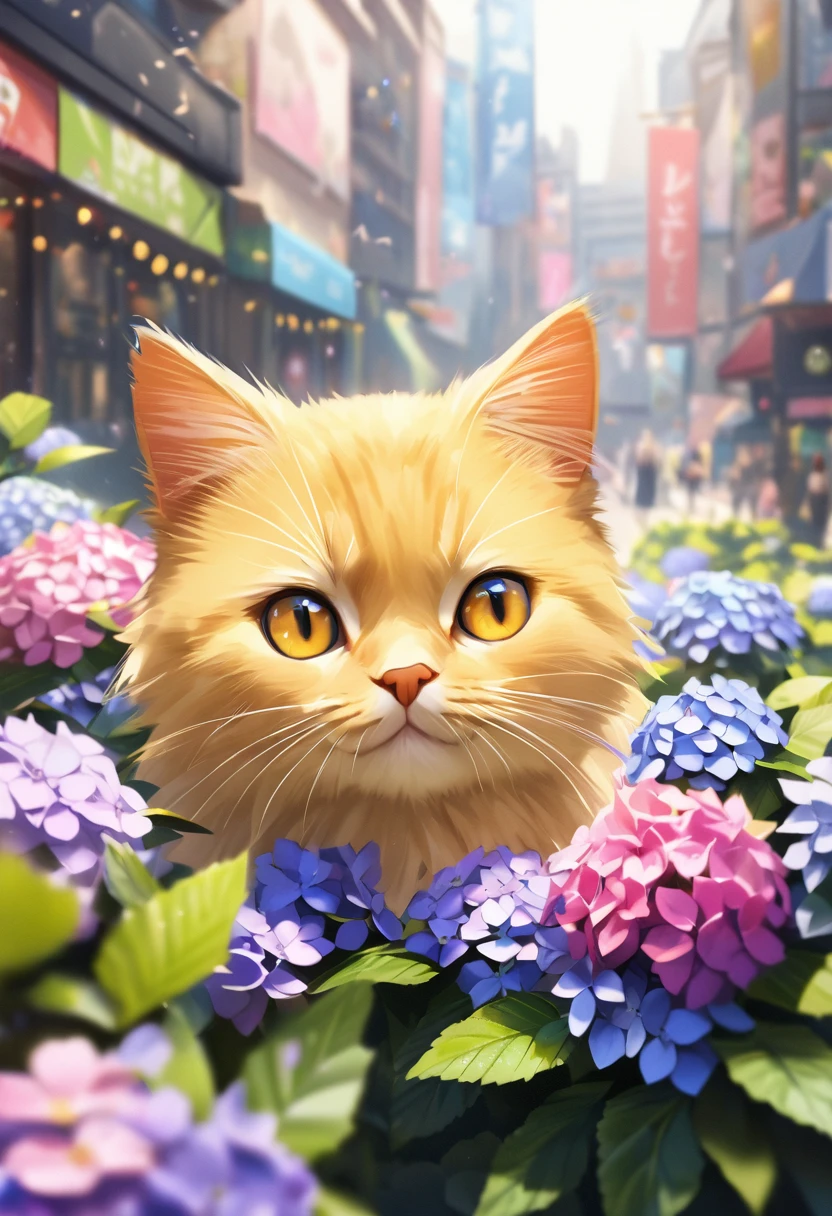 hydrangea park, totally white kitten, yellow cat eyes,Blur background,glitter effect,of the highest quality, 4k, 8k, high resolution, Masterpiece:1.2, Very detailed, realist:1.37, high resolution, 超high resolution, ultrafine paint, sharp focus, Physically based representation, Very detailedな説明, professional, vibrant colors