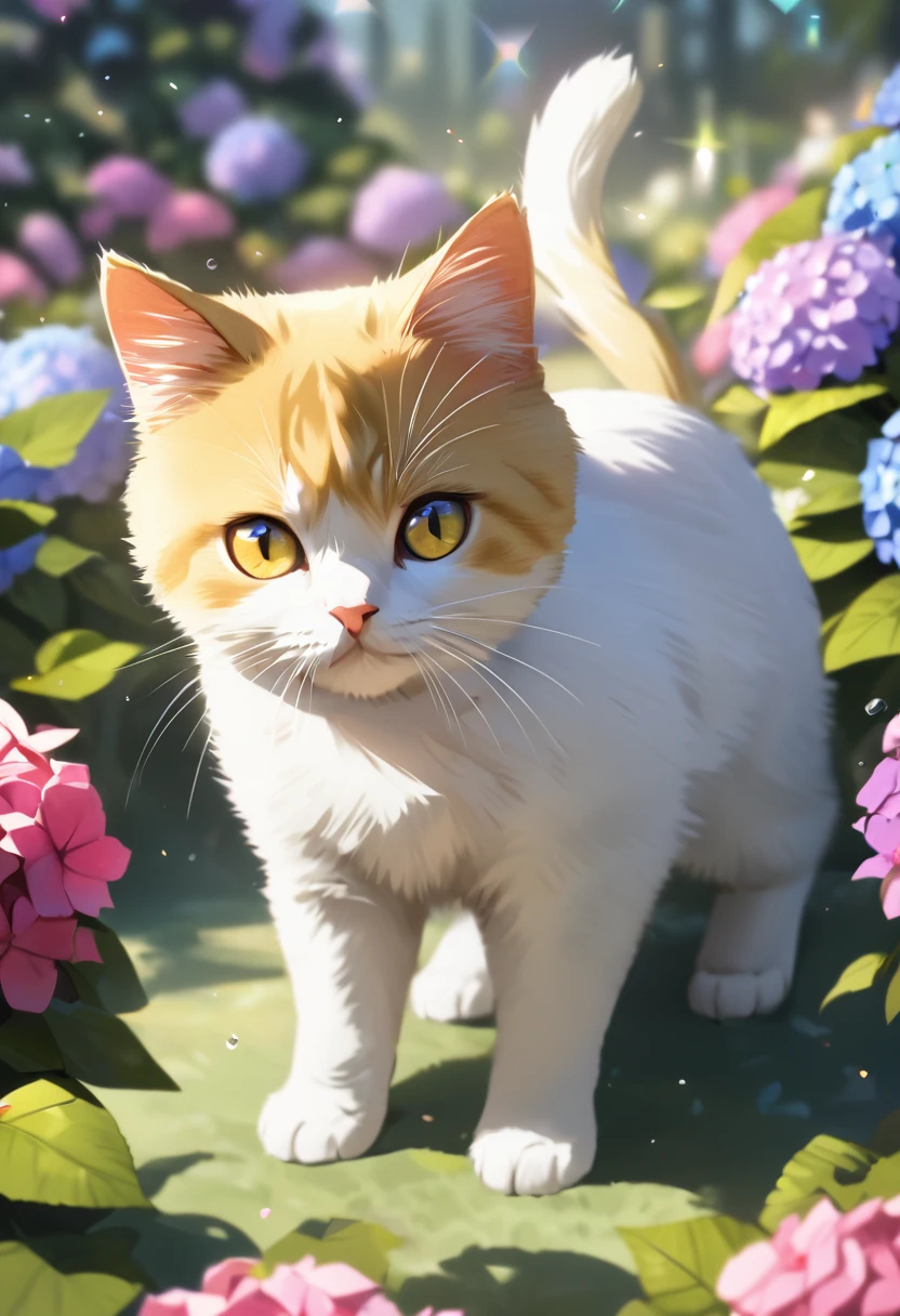 hydrangea park, totally white kitten, yellow cat eyes,Blur background,glitter effect,of the highest quality, 4k, 8k, high resolution, Masterpiece:1.2, Very detailed, realist:1.37, high resolution, 超high resolution, ultrafine paint, sharp focus, Physically based representation, Very detailedな説明, professional, vibrant colors