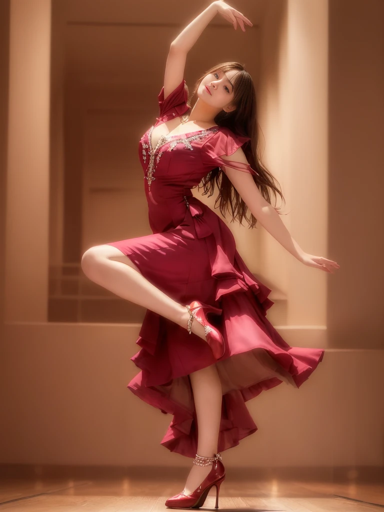 Photo-realistic quality、Dancing flamenco with passion, Beautiful and elegant, Red dress, Japan idols at 20 years old、Beautiful Japanese Model、Detailed and beautiful eyes、Cute smile、A soft and gentle look