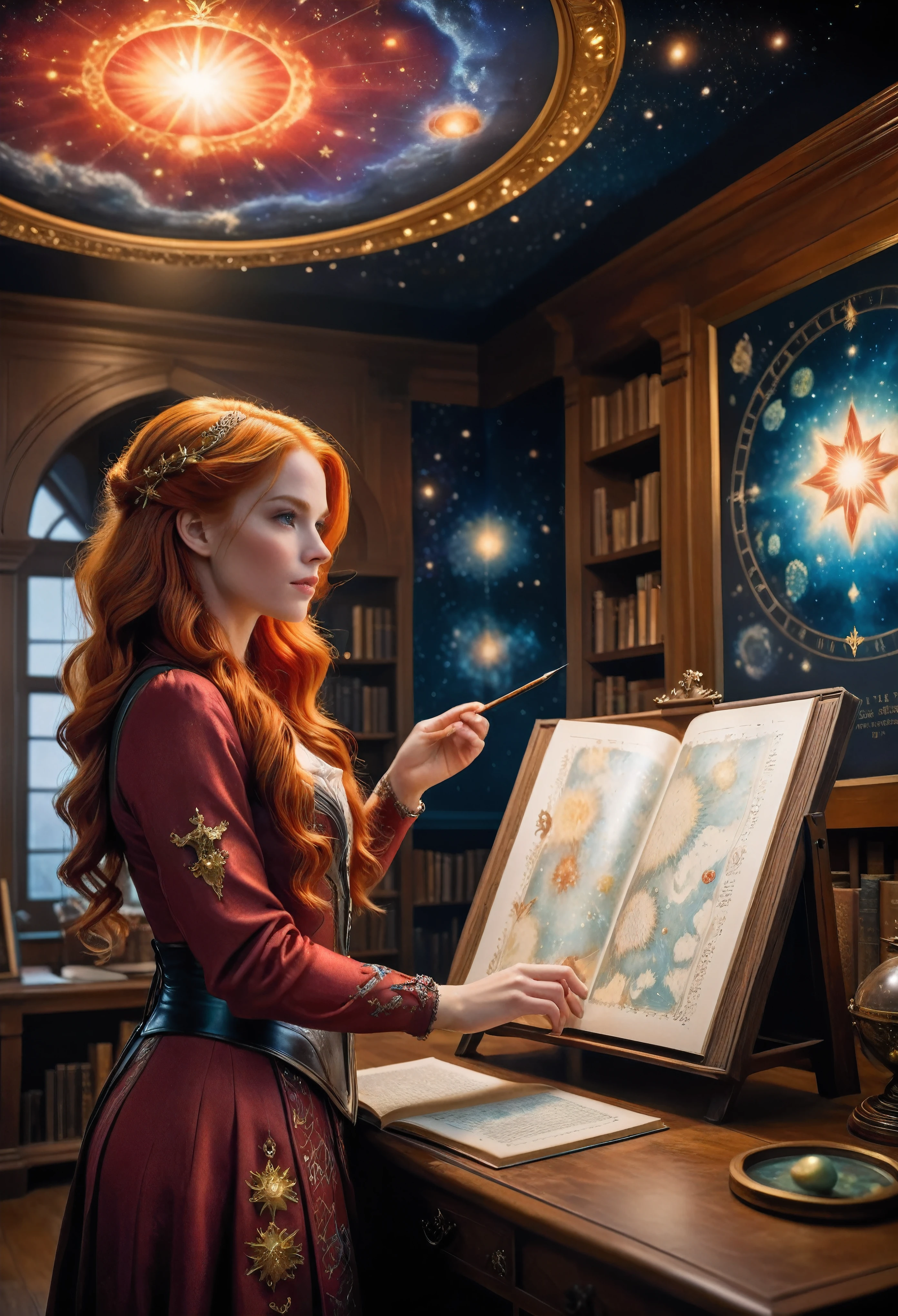 a pretty blonde astrologer charting a sky in her study room, large star map, cabinet of books, fantasy atmosphere, dramatic lighting, intricate details, cinematic composition, vibrant colors, ethereal, mystical, cosmic, astrology, renaissance style, oil painting, masterpiece, best quality, 16k, hyperrealistic, ultra-detailed | Rendered in ultra-high definition with UHD and retina quality, this masterpiece ensures anatomical correctness and textured skin with super detail. With a focus on high quality and accuracy, this award-winning portrayal captures every nuance in stunning 16k resolution, immersing viewers in its lifelike depiction. | ((pretty wavey red hair):1.1), ((fancy handgloves):1.1) | (((anatomical correctness))), (((perfect_fingers))), (((perfect_legs))), (((perfect_hands))), ((perfect_composition, perfect_design, perfect_layout, perfect_detail, ultra_detailed)), ((enhance_all, fix_everything)), More Detail, Enhance.
