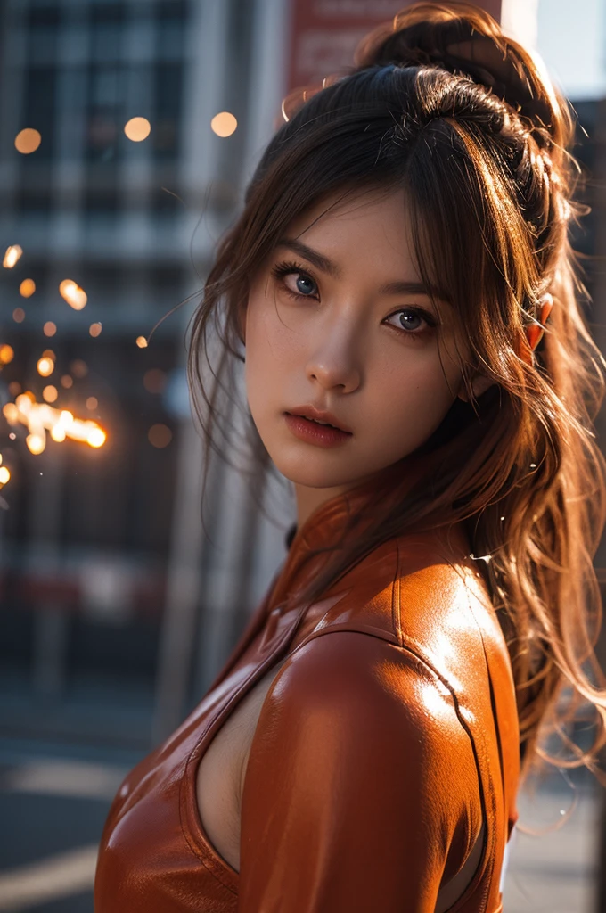 (best quality, masterpiece:1.4), (realism:1.2), (Realism:1.2), (absurd:1.2), (realistic:1.3), 1 woman,realistic skin,alone,( very big eyes,beautiful detailed eyes, symmetrical eyes),cowboy shot, (dramatic, gritty, extreme:1.4), Asuka Langley Soryu,HDR,DTM, Full haha, In mecha anime style, A long dancing sword charging towards the battlefield like a god., a meteor exploded, fight for life, dynamic pose, Amazing colors, surrealism, cinematic lighting effects, realism, 00 renderer, very realistic, super view, super wide angle,