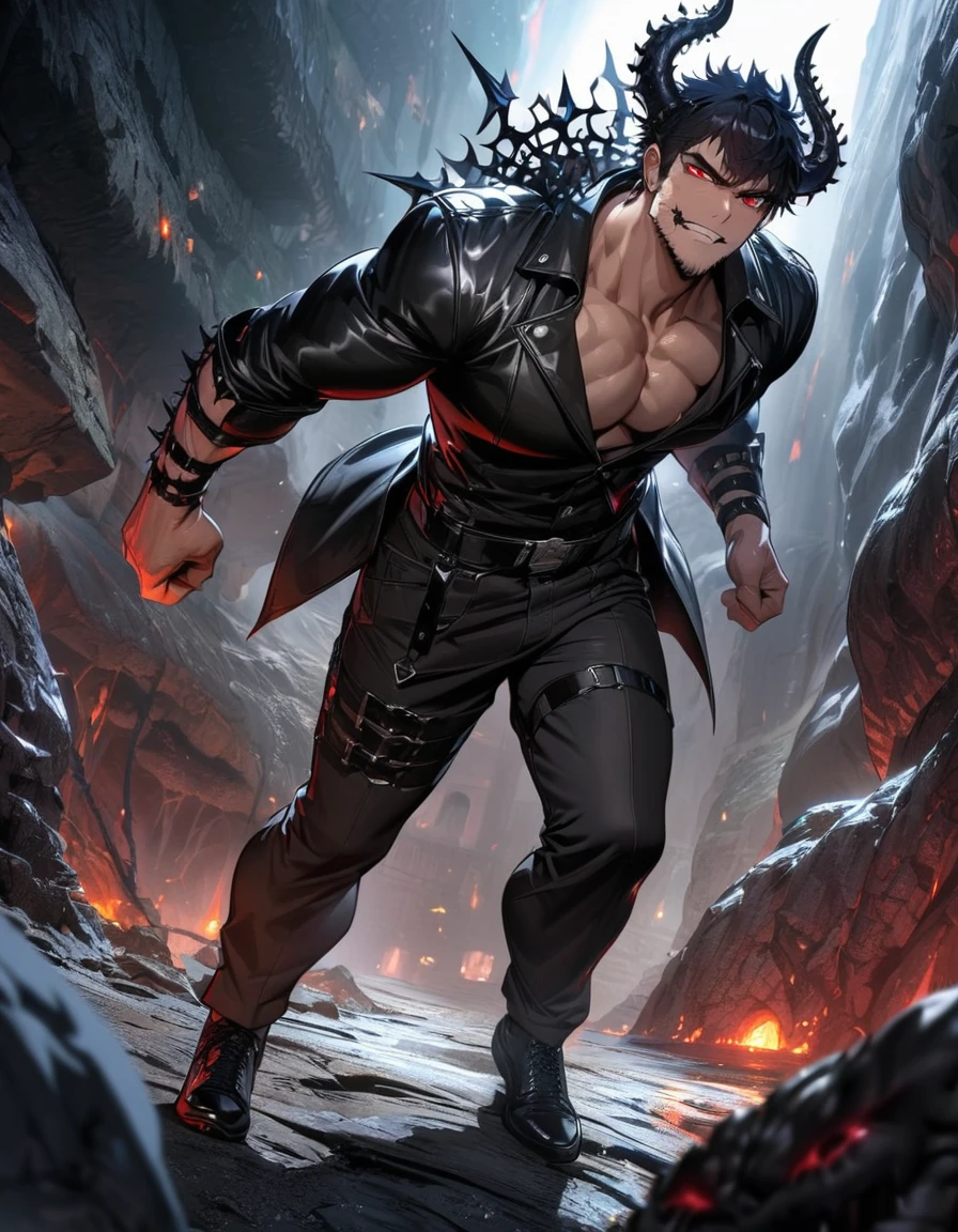 absurdres, highres, ultra detailed, muscular male, gigachad,  HDR, masterpiece, Ren Zotto, vtuber, black hair, expressive red eyes, demon, black horns, 1man, handsome, black leather jacket, inside a dungeon, cave
