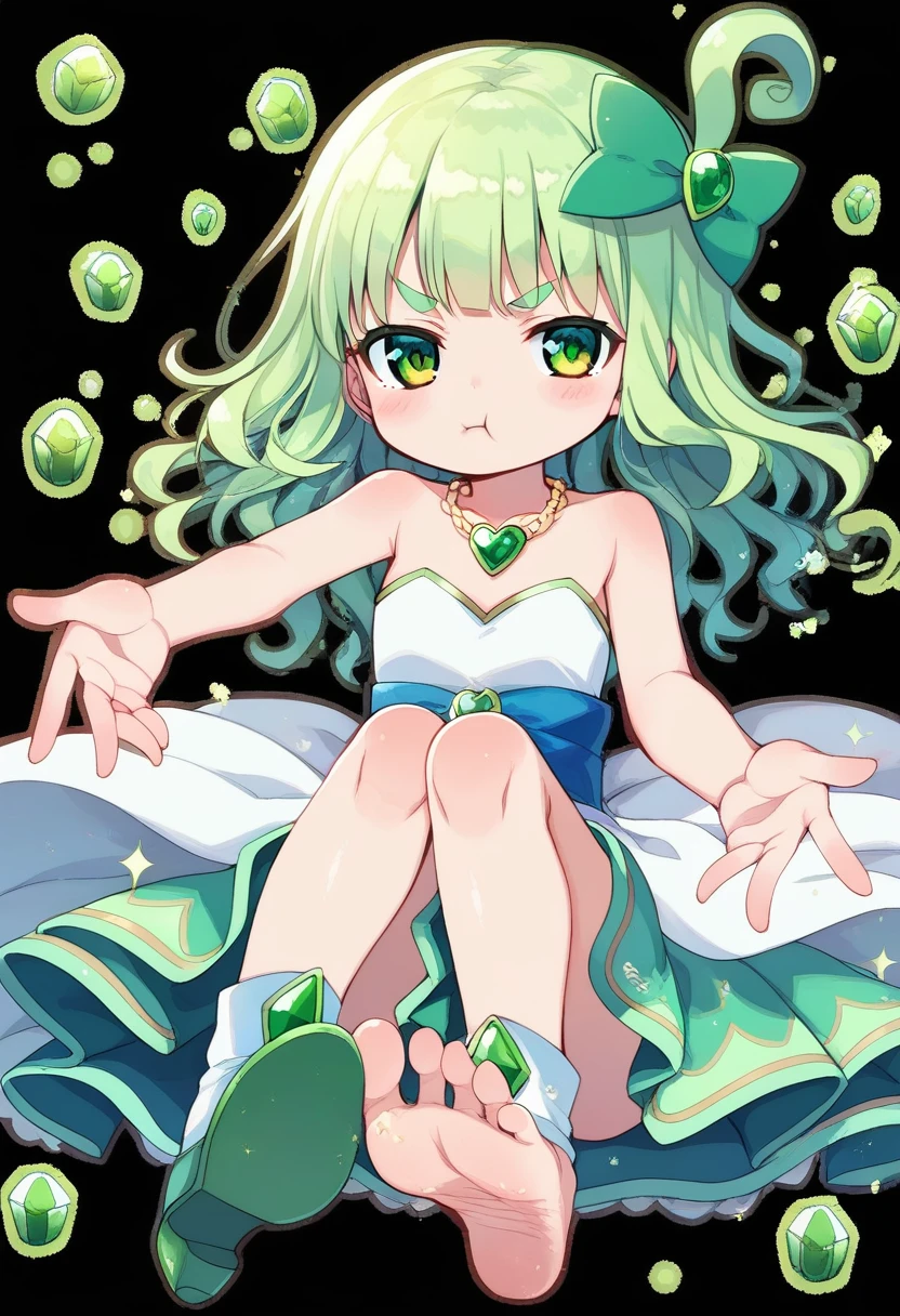 score_9, ,score_7_up, score_6_up, 1girl, source_cartoon, source_anime,breathtalking Scenery,watercolor,smooth soft skin, natural skin,mjm,brs
BREAK
(loli:1.4),(little female child:1.4), small breast,cute face, (loli toddler:1.1), 6 yo,kawaii, (highlight on eyes), (jiggly:0.8), shiny skin,beautiful eyes, detailed eyes, puffy eyes,
BREAK
(medium green hair:1.3),(green maro eyebrows:1.6),pouty and slightly grumpy,(pout:1.2), ::(, (jitome),(frown:0.6),white streaked hair, green eyes, shining out line,
BREAK
(hensin:1.3),(henshin:1.3), magical girl,,(transparent background:1.3),wearing shoes on feet, sidelocks, bow, gem necklace, deepgreen pleats overskirt,white dress,frills, sash, high_heels, collarbones, wedding dress, heart_print,
BREAK
wearing boots on feet, wearing lightgreen magical Girl Costumes,(magical effect:1.2), magic circle,colorful background,light particles,light sparkles,crystal light,powder light,dynamicpose,outstretched legs,sitting,