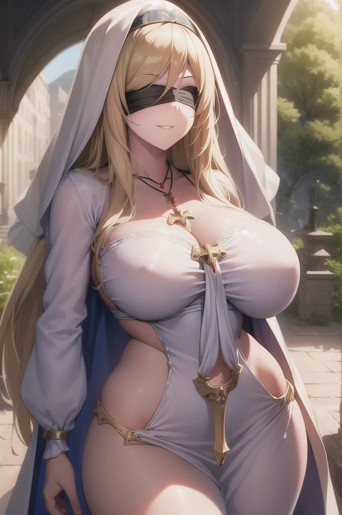 Highest quality, masterpiece, One girl, (alone:1.1), Ray Tracing, Super detailed,Detailed face, 8k wallpaper, Wide Hips, smile, Sword Maiden NDV, One girl, Blonde, Large Breasts, Long Hair, White Dress, Black blindfold, necklace, habit, Outdoor, wall, I had already finished,
