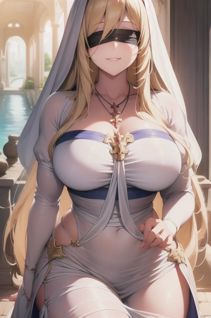 Highest quality, masterpiece, One girl, (alone:1.1), Ray Tracing, Super detailed,Detailed face, 8k wallpaper, Wide Hips, smile, Sword Maiden NDV, One girl, Blonde, Large Breasts, Long Hair, White Dress, Black blindfold, necklace, habit, Outdoor, wall, I had already finished,