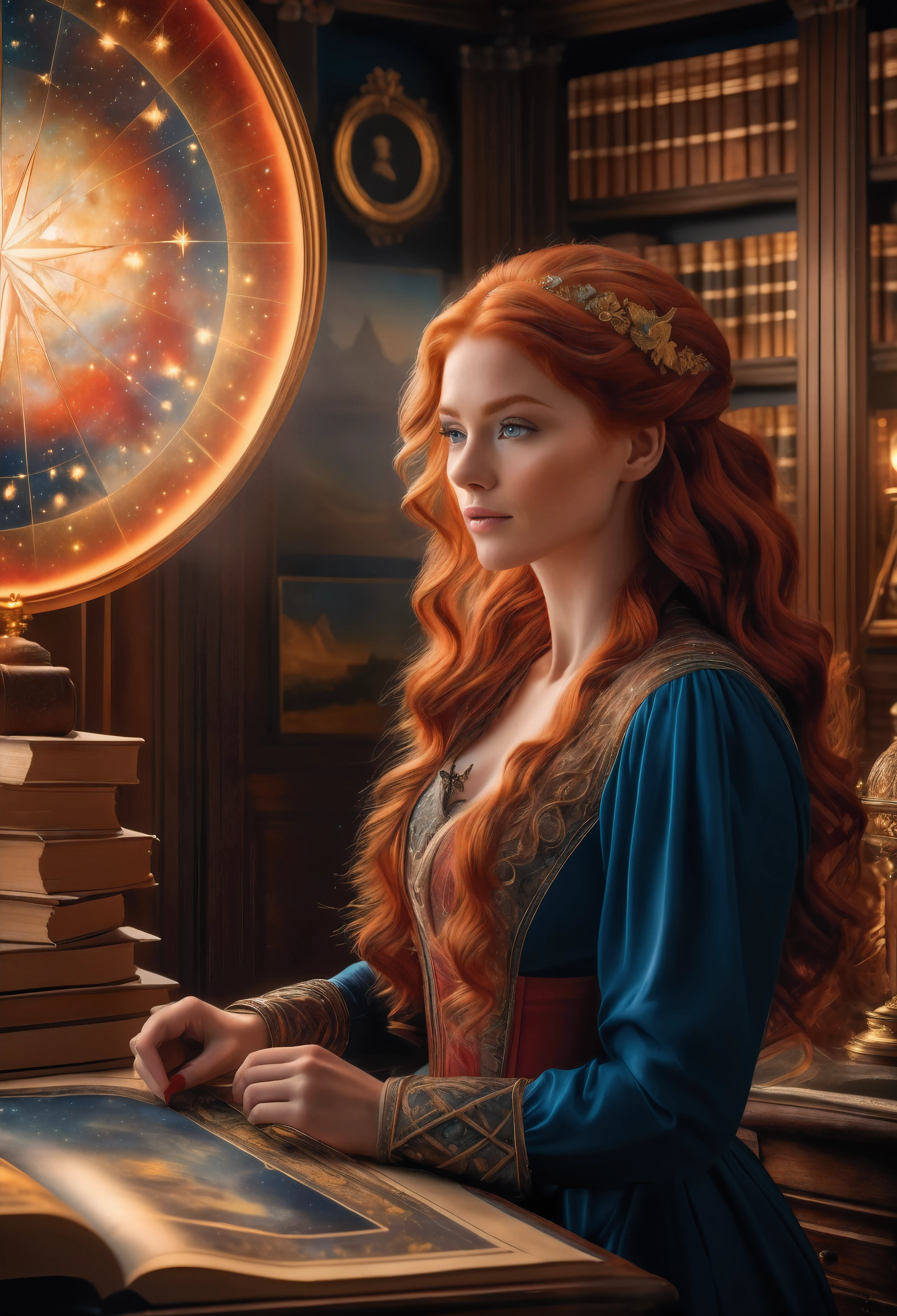 a pretty blonde astrologer charting a sky in her study room, large star map, cabinet of books, fantasy atmosphere, dramatic lighting, intricate details, cinematic composition, vibrant colors, ethereal, mystical, cosmic, astrology, renaissance style, oil painting, masterpiece, best quality, 16k, hyperrealistic, ultra-detailed | Rendered in ultra-high definition with UHD and retina quality, this masterpiece ensures anatomical correctness and textured skin with super detail. With a focus on high quality and accuracy, this award-winning portrayal captures every nuance in stunning 16k resolution, immersing viewers in its lifelike depiction. | ((pretty wavey red hair):1.1), ((fancy handgloves):1.1) | (((anatomical correctness))), (((perfect_fingers))), (((perfect_legs))), (((perfect_hands))), ((perfect_composition, perfect_design, perfect_layout, perfect_detail, ultra_detailed)), ((enhance_all, fix_everything)), More Detail, Enhance.
