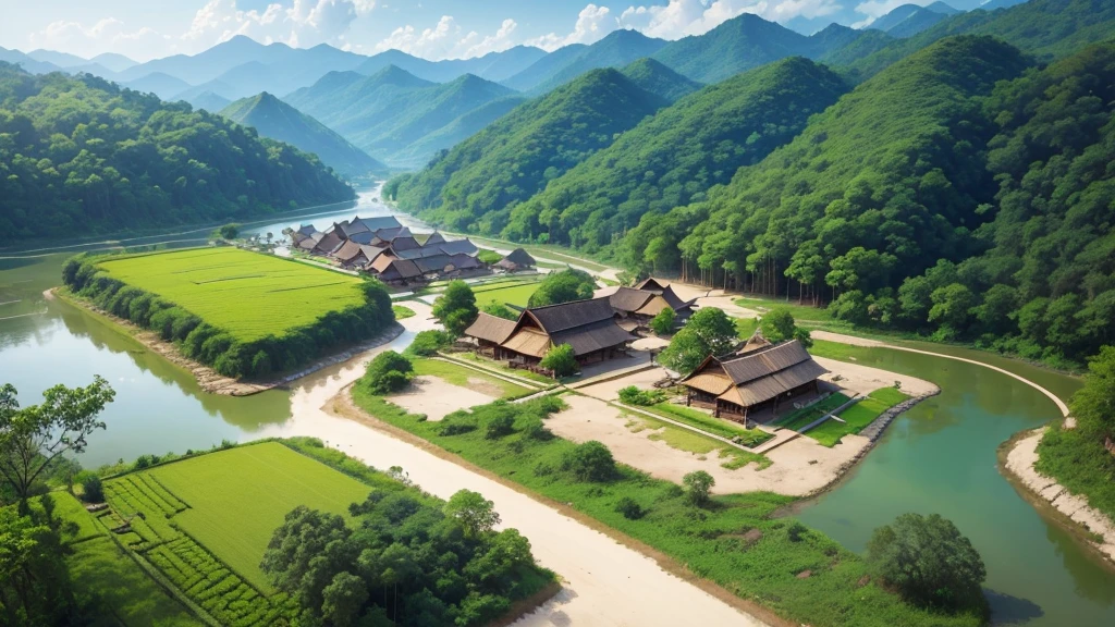 Beautiful scenery of ancient village in Malaysia. Aerial view. Photorealistic photos, High definition. 8K