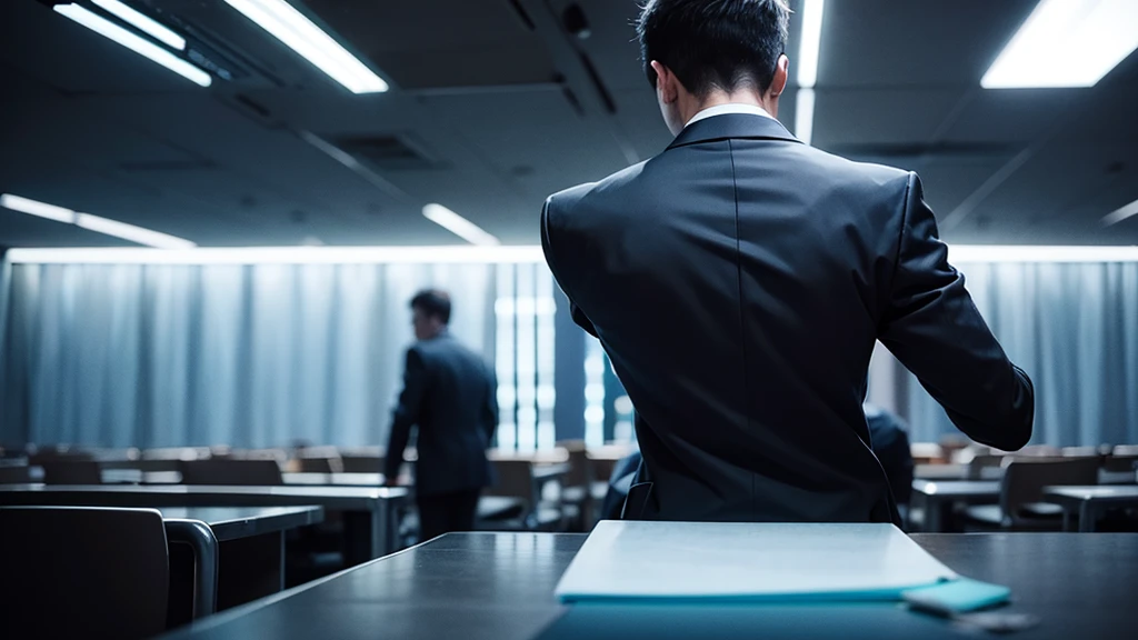 bad businessman on table, back light, criminal, cinematic