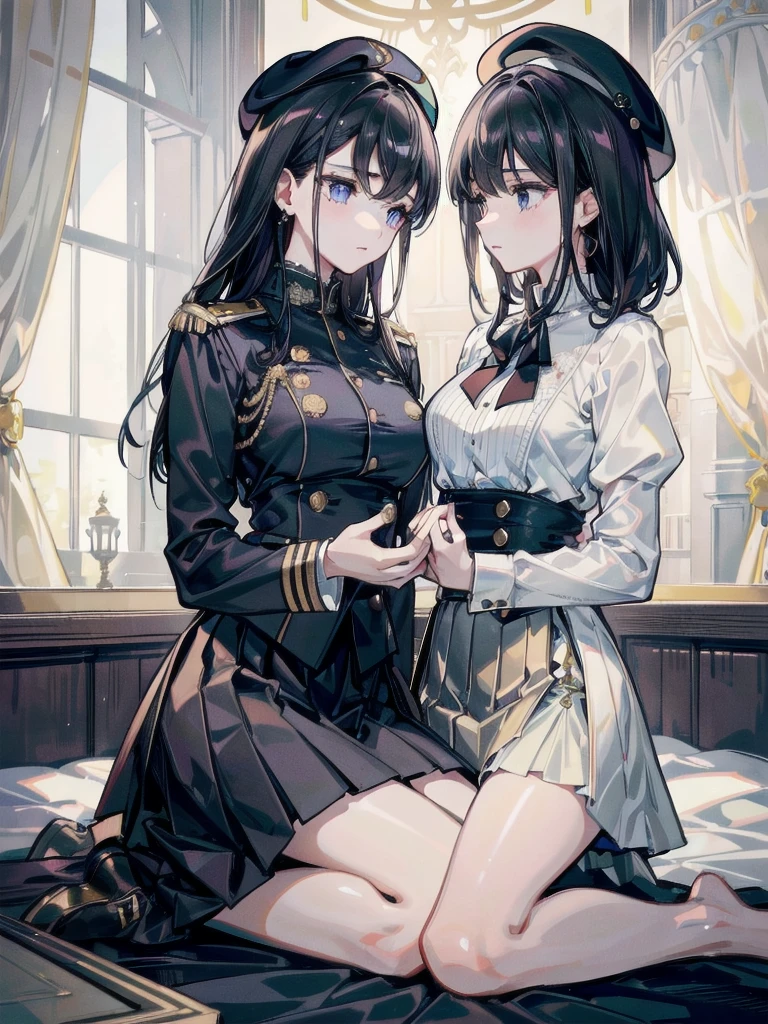 absurdres, RAW photo, extremely delicate and beautiful, masterpiece, Best Quality, ultra high resolution, 32k, hyperrealistic, ultra-detailed, delicate facial features, beautiful detailed woman, tearful mole, earring, medium breasts, full body shot, medium hair, black hair, asymmetrical hair, 2 girls, yuri, beret, skirt, military uniform,