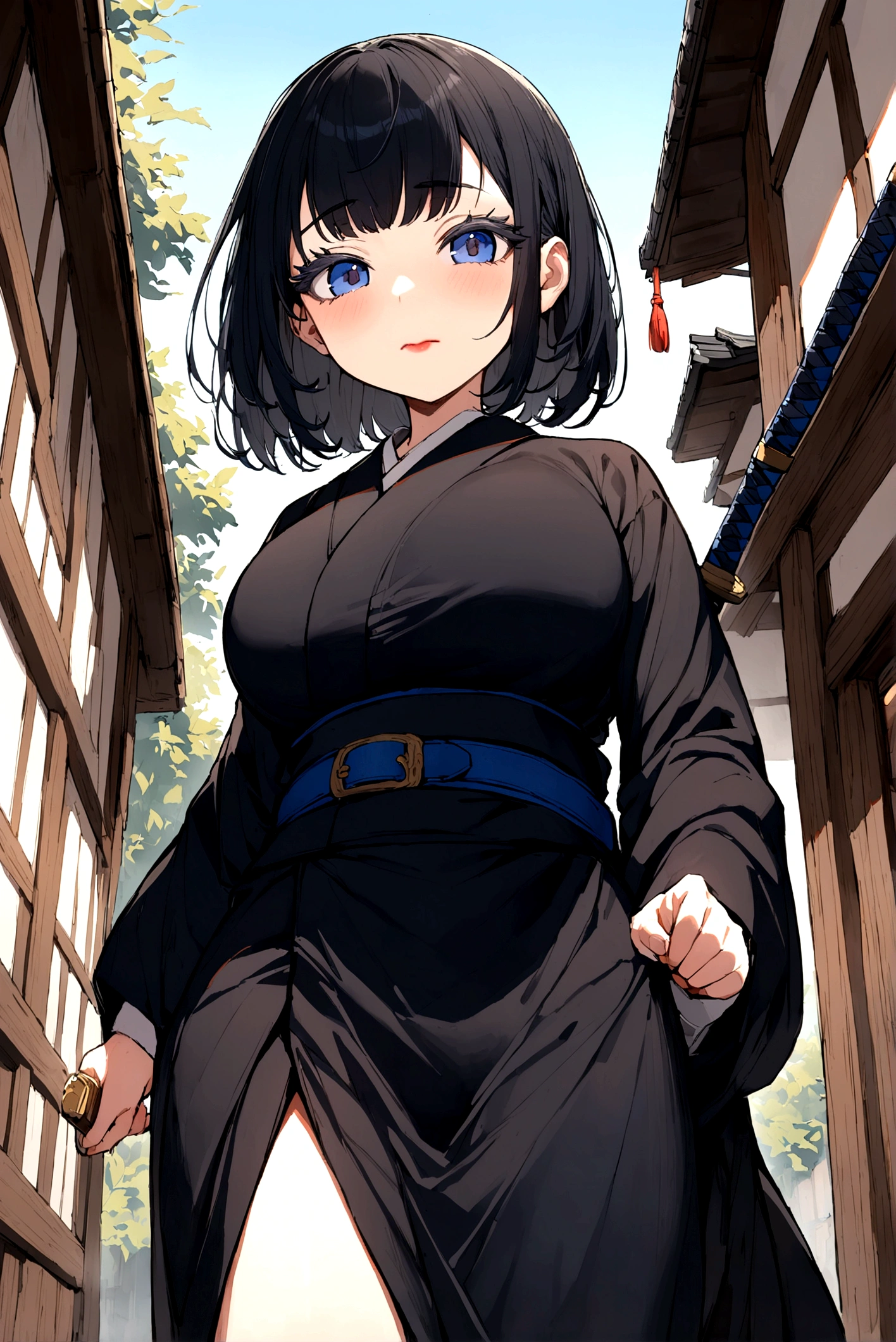 girl with long black hair mixed with dark blue colour from below thick eyelashes with dark blue eyes big size breasts lipstick and red cheeks wearing black Kimono with blue belt and blue outlines with brown sandals and long white socks one katana set on the belt long sleeves walking in a Japanese village looking so shy (Sfw)