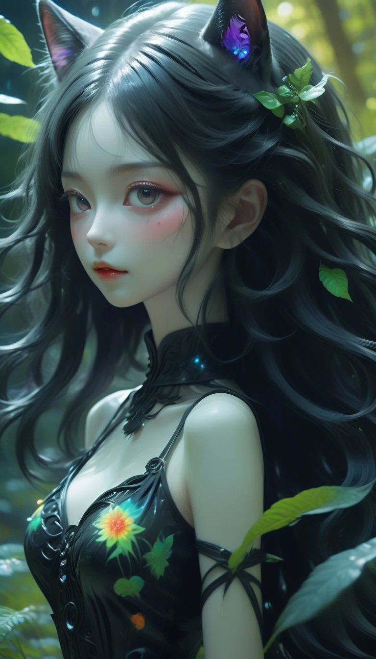 Black Cat Girl,(A girl made from fresh plants),forest,plant,Beautiful psychedelic psychedelic black complex,Cute face,Long Hair,8K、