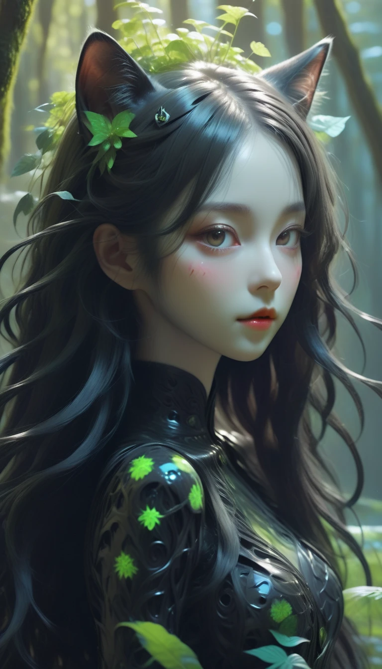 Black Cat Girl,(A girl made from fresh plants),forest,plant,Beautiful psychedelic psychedelic black complex,Cute face,Long Hair,8K、