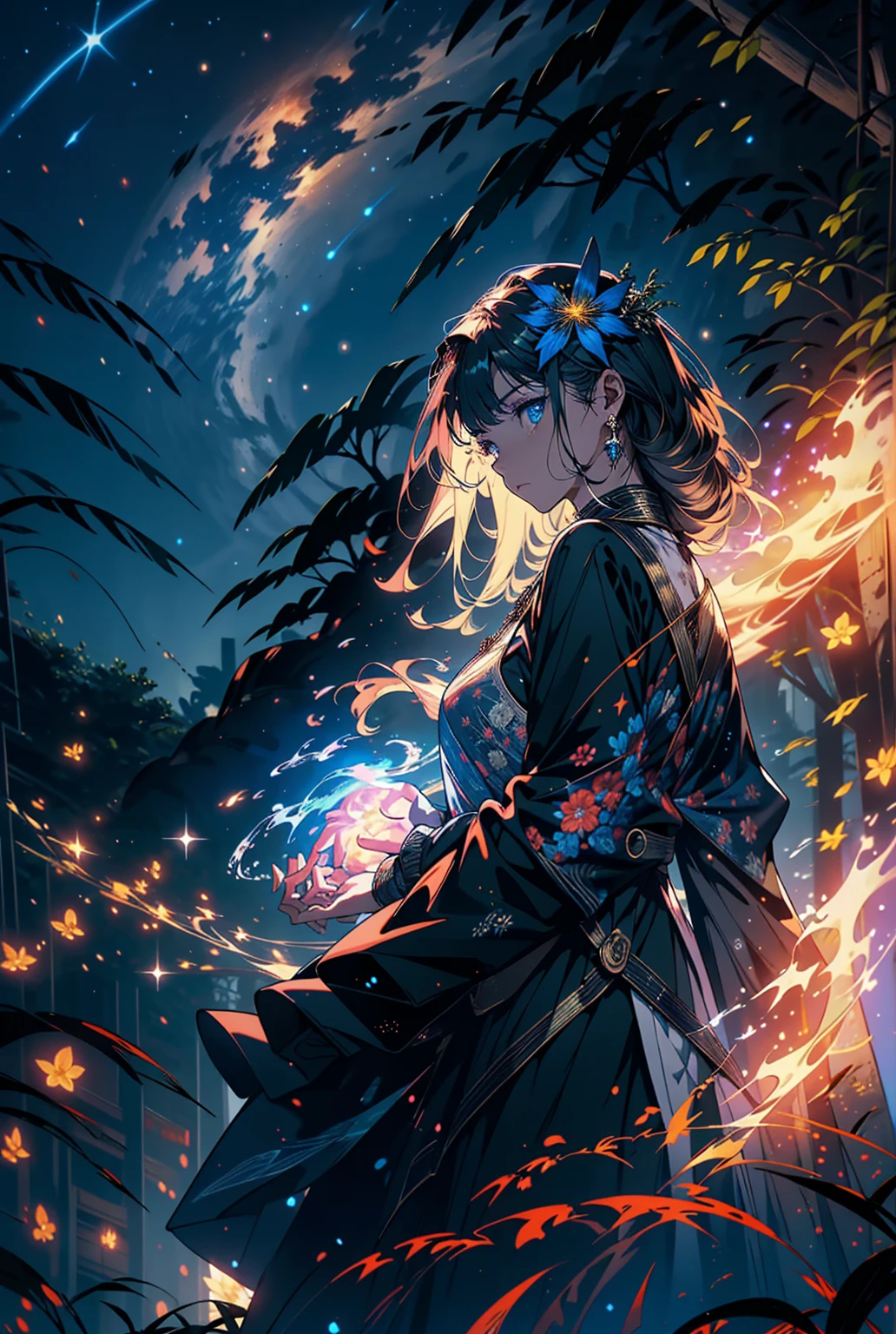 Master Parts, nice, landscape, (((no_Humanos))), night, flower, garden, Starry Sky, constellation, amazing, Overlooking, water, warm, comfortable, peaceful, meteor, Cosmic, magic, magic, details, fair, ((fire Fly))