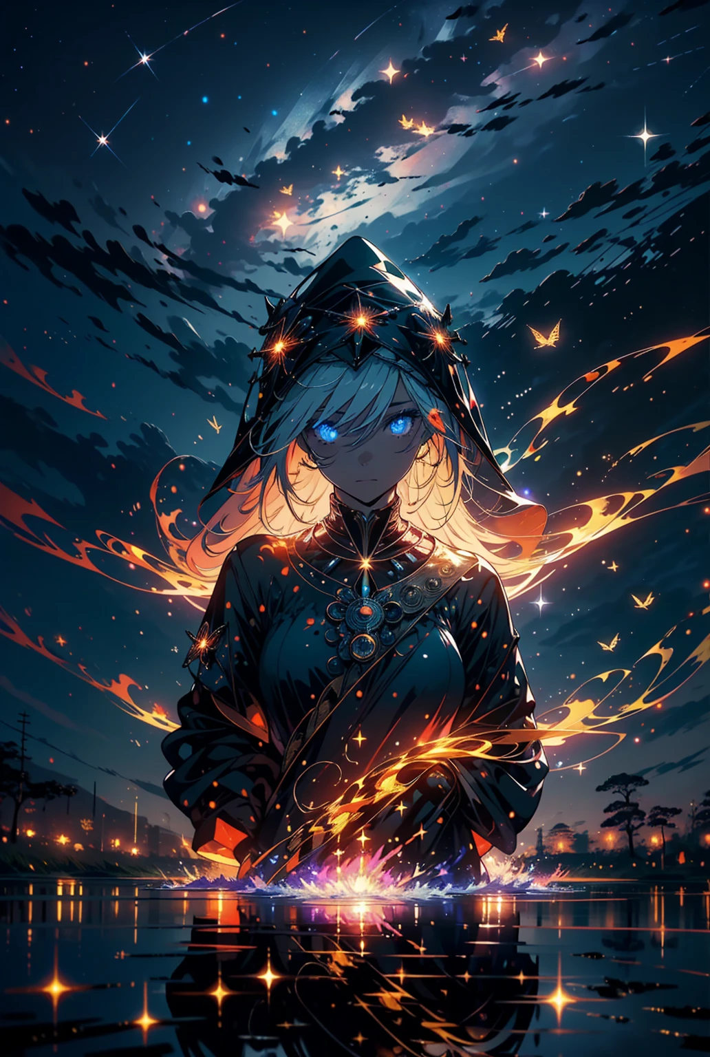 Master Parts, nice, landscape, (((no_Humanos))), night, flower, garden, Starry Sky, constellation, amazing, Overlooking, water, warm, comfortable, peaceful, meteor, Cosmic, magic, magic, details, fair, ((fire Fly))
