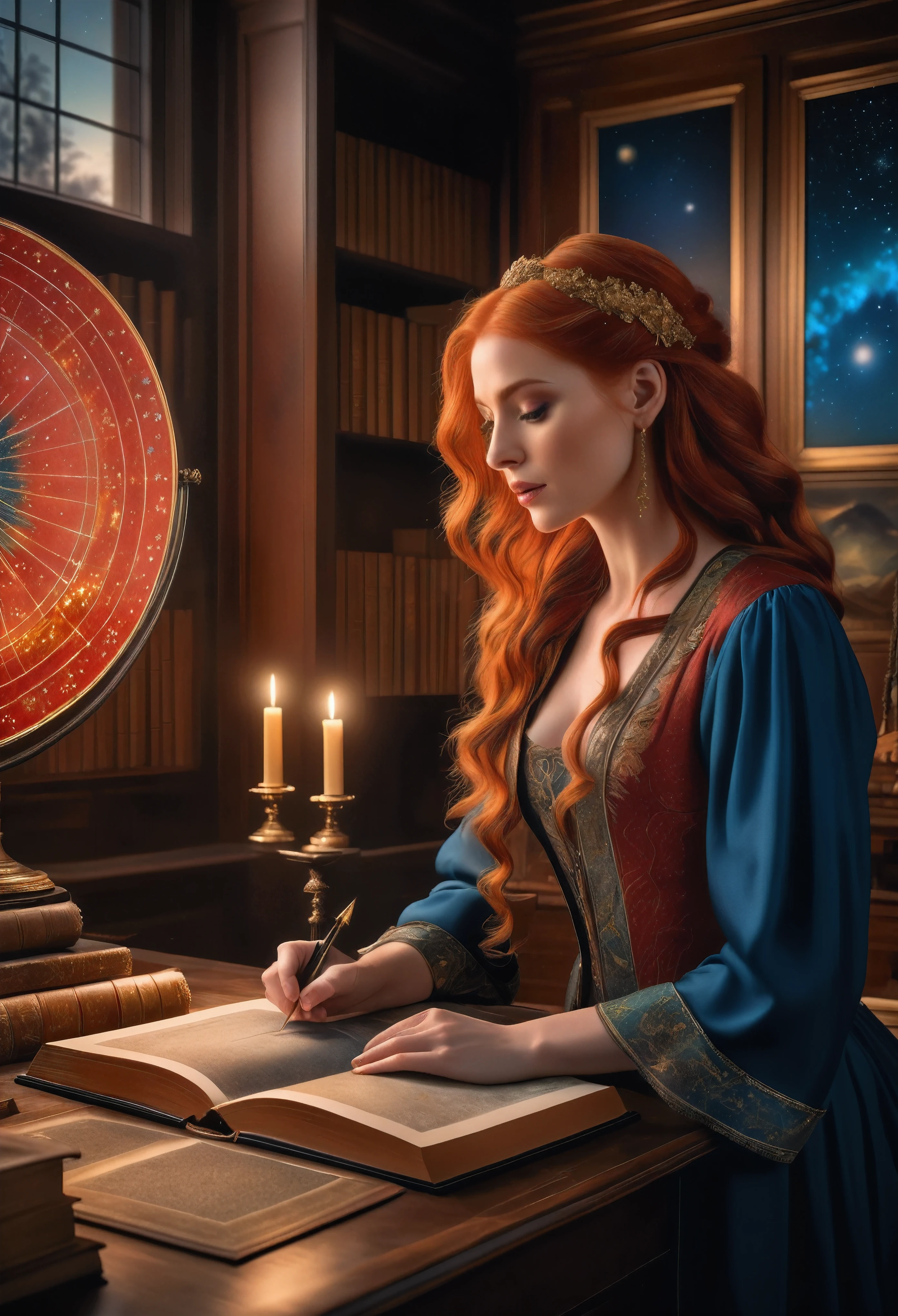 a pretty blonde astrologer charting a sky in her study room, large star map, cabinet of books, fantasy atmosphere, dramatic lighting, intricate details, cinematic composition, vibrant colors, ethereal, mystical, cosmic, astrology, renaissance style, oil painting, masterpiece, best quality, 16k, hyperrealistic, ultra-detailed | Rendered in ultra-high definition with UHD and retina quality, this masterpiece ensures anatomical correctness and textured skin with super detail. With a focus on high quality and accuracy, this award-winning portrayal captures every nuance in stunning 16k resolution, immersing viewers in its lifelike depiction. | ((pretty wavey red hair):1.1), ((fancy handgloves):1.1) | (((anatomical correctness))), (((perfect_fingers))), (((perfect_legs))), (((perfect_hands))), ((perfect_composition, perfect_design, perfect_layout, perfect_detail, ultra_detailed)), ((enhance_all, fix_everything)), More Detail, Enhance.