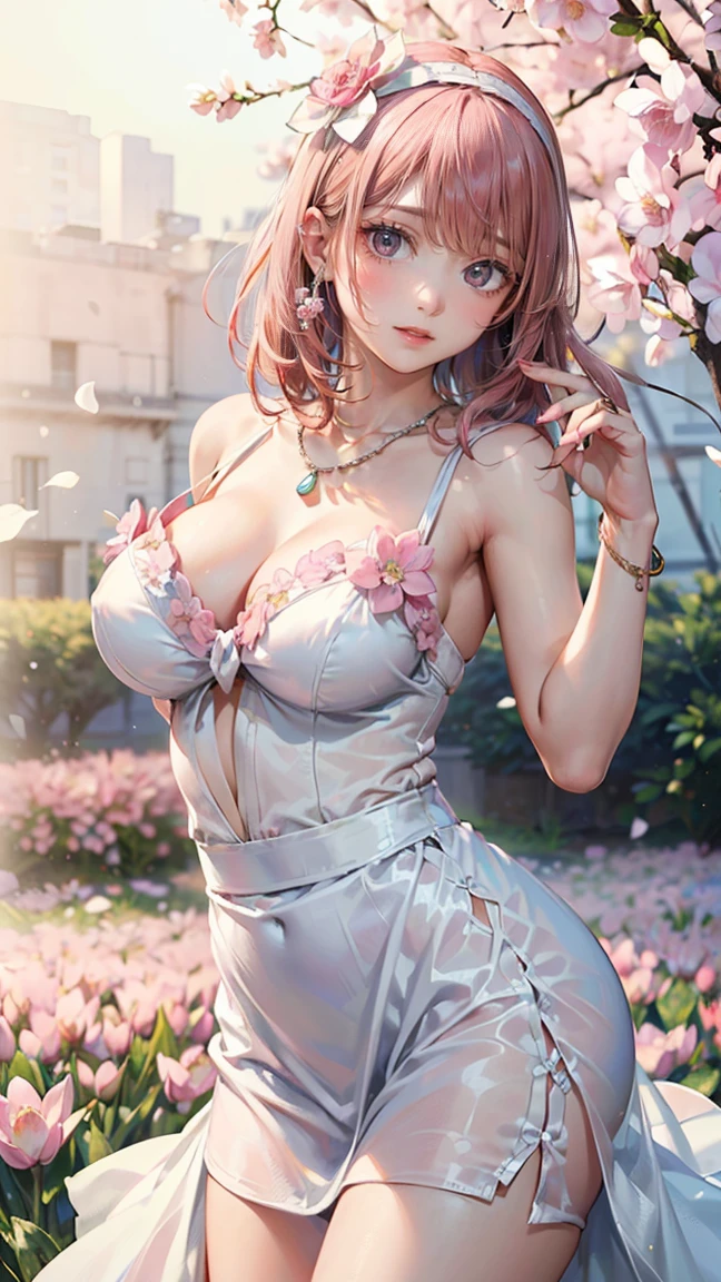 (Masterpiece, BestQuality:1.3), (ultra detailed:1.2), (hyperrealistic:1.3), (RAW photo:1.2), High detail RAW color photo, professional photograph, (Photorealistic:1.4), (realistic:1.4), professional lighting, perfect anatomy, (Big Breasts:1.2), (blush, detailed face), (cheerful Smile:1.5), (Pink Hair:1.5), Trending Hair&Trending Hairカラーをランダムに, earrings, necklace, bracelet, sexly, erotic sexly, Random sexy gravure poses, ((Woman in white chiffon dress、Spring flower field background、Bright smile、Flower Headband、Pose showing skirt。: 1.3)