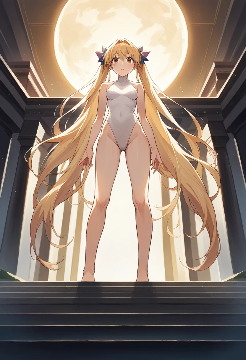 alone, One girl, masterpiece, Highest quality, Very detailed, Cinema Lighting, Exquisite detail, High resolution, Official Art, Fine and beautiful m, High resolutionのイラスト, 8K, Dark intense shadows, Exposure,tsukino usagi, Long twin tails, blonde, (White leotard:1.6), Full Body Shot, full moon