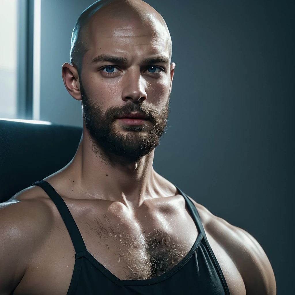 Jamie dornan, an award winning photograph of a (handsome man:1.1), detailed, trending on artstation. Bald. Bearded chin.