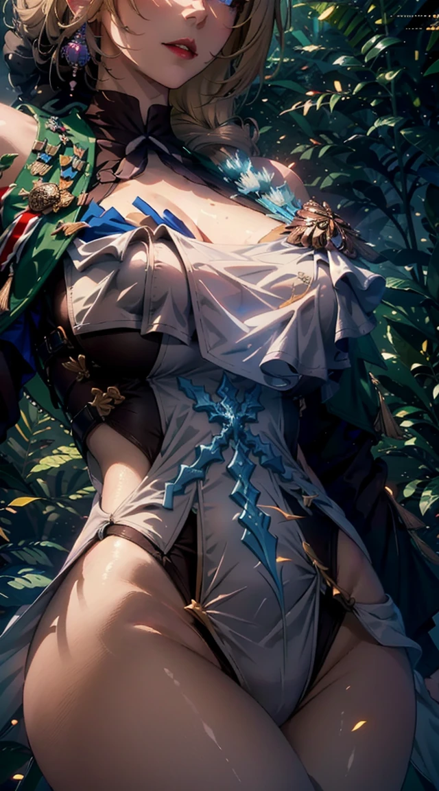((masterpiece)),(bestquality),((ultra-detailed)), ((beautiful detailed sky)), ((cinematic lighting)), depth of field, (dynamic angle),detailed lighting,(beautiful detailed eyes), ((forest)),red lip, eyeshadow,large breast, erotic, sexy, cleavage, bare thighs, (cocoliav5)