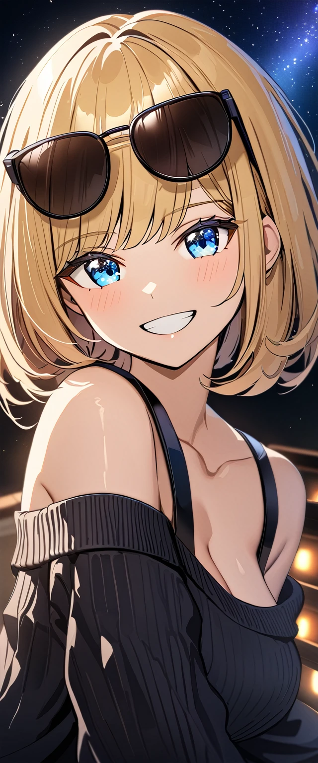 ((grin)), ((off-shoulder sweater:1.3, Quite thick shoulder straps)), ((black sweater)), ((blond hair, bob cut:1.3)), ((sunglasses, hand to sunglasses)), (((from side))), ((((upper body)))), ((Leaning to side)), (((a beautiful starry sky, the Milky Way shining beautifully in the night))), ((sitting on the very high cliff)), wavy hair, inward curled hair, ((sea)), breasts, teenager, (looking at viewer), oversized clothes, puffy long sleeves, collarbone, head tilt:1.3, (((blue eyes))), happy smile, (((anime style))), (best quality, 4K, 8K, highres, masterpiece:1.2, ultra-detailed, ultra-detailed eyes, HDR, uhd, studio lighting, ultra-fine painting, sharp focus, physically-based rendering, extreme detail description, professional, vivid colors, bokeh)