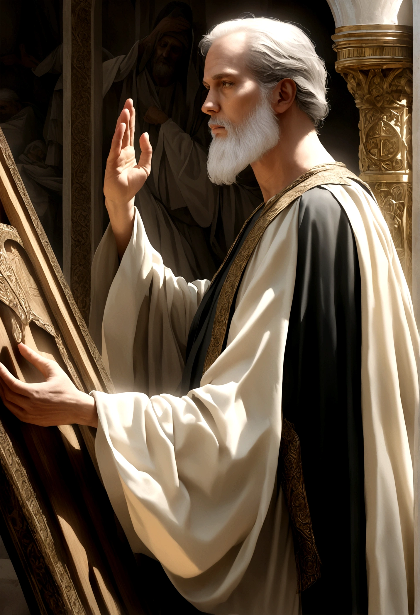 The Apostle Paul looked at the screen, Long clothes, religion, Ultra-photorealism