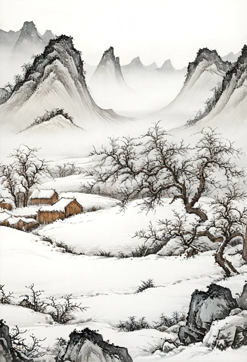 Surrealism art Chinese painting,Rural scenery in northern China，ink water,landscape,snow,White background, . Extremely high-resolution details, photography, Realism is pushed to the extreme, Delicate texture, Lifelike