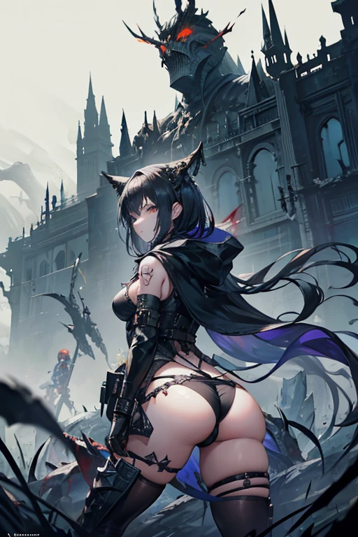 "The Last Anaconda Amazon" Beautiful woman, cold face, sexy butts, no horns, have an anaconda tail behind her butts, scary tail, have a thousand arms, an ancient witch, wear a full-mask cover face, Giant Crossbow Locked Connect With Arm, wear an old-fashioned hood, wear a clothes from Arknights, Bloodborne theme, Arknights theme, dark fantasy, scary theme, green forest, monstrous pet, bloody background, supervillain, evil movement, mercilessly squads.