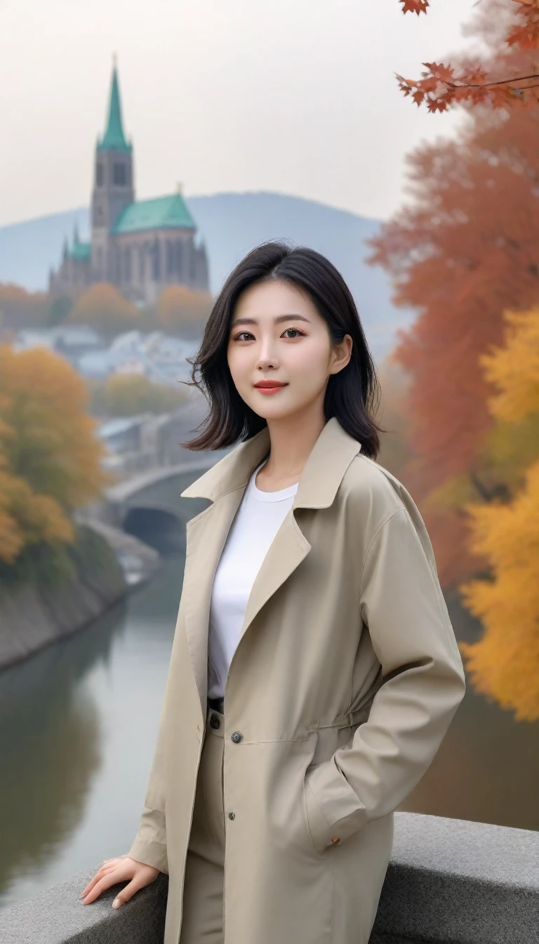 k Best picture quality, Beautiful 36-year-old Korean woman, You have good skin and big and pretty eyes... Chest size 34 inches, Traveling in Europe in the fall season, The autumn leaves are just starting to turn soft.. The cathedral can be seen in the distance in thick fog., The back background is realistic and vivid quality., Short and medium hair blowing in the wind. Wearing a high-quality windbreaker over the neck polar. Wearing beige casual pants, I'm smiling. Short and slim Korean woman, Full body photo taken with Canon Mark 5 camera 16-35 wide angle lens, One woman with big and pretty eyes, eyes are round and big. standing on a hill overlooking the river