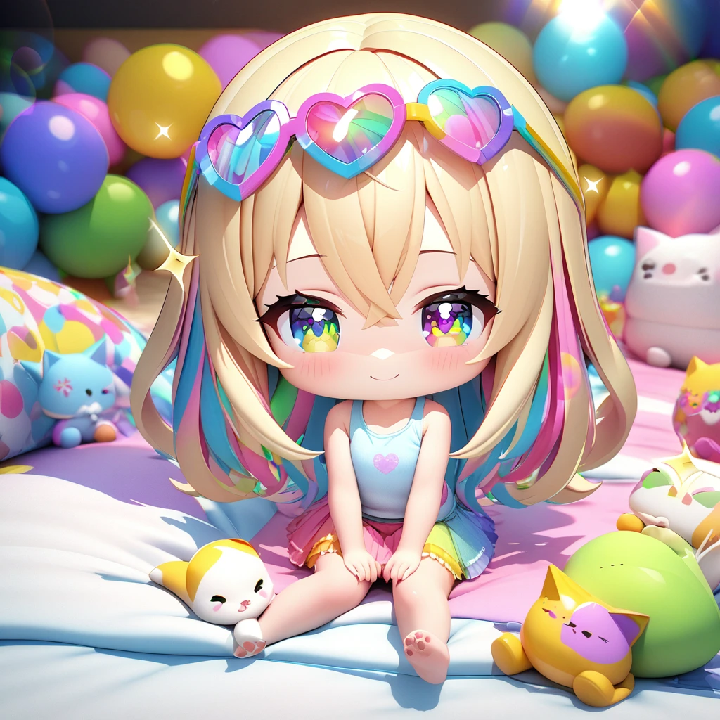 masterpiece, best quality, 4k、3D illustration、one beautiful girl、solo、(((chibi style)))、((vivid colors))、cute chibi、lovely chibi、long beautiful hair, glossy blonde hair, hair between eyes, cute、beautifully detailed eyes、((tank top))、((miniskirt))、((colorful))、((happy smile))、sitting on bed、((full body shot))、((kitten)), ((lots of colorful stuff around))、((bed))、sparkle、((lens flare))、