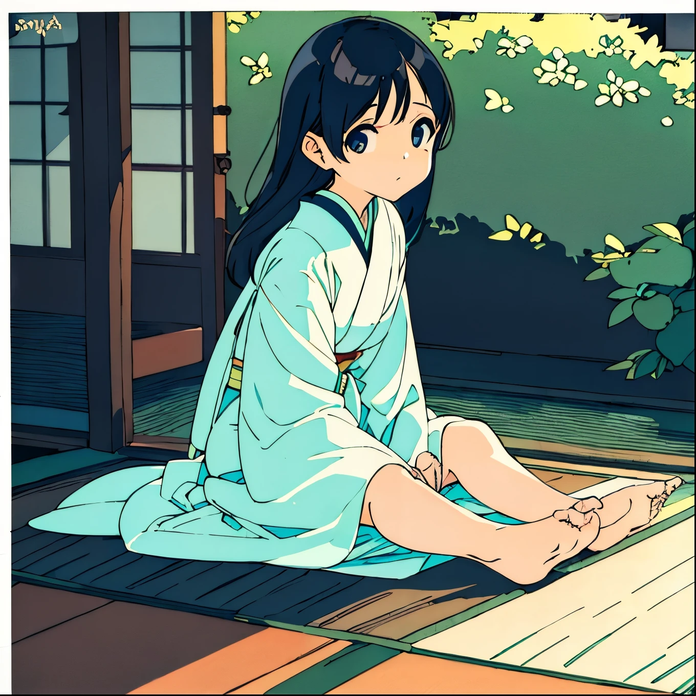 Full-body close-up of a girl in a white dress sitting facing forward Japanese summer nostalgic pastel